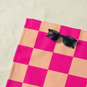 Serviette De Plage à damiers carré pêche rose chaud rétro géométrique