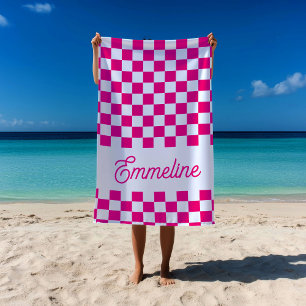 Serviette De Plage À damiers Nom personnalisé Piscine d'été rose