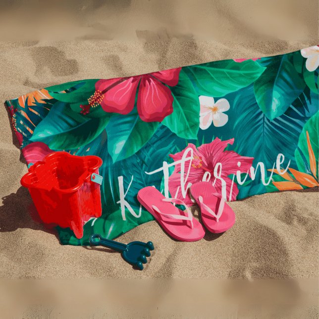 Serviette de plage à monogramme floral tropical mo (Créateur téléchargé)