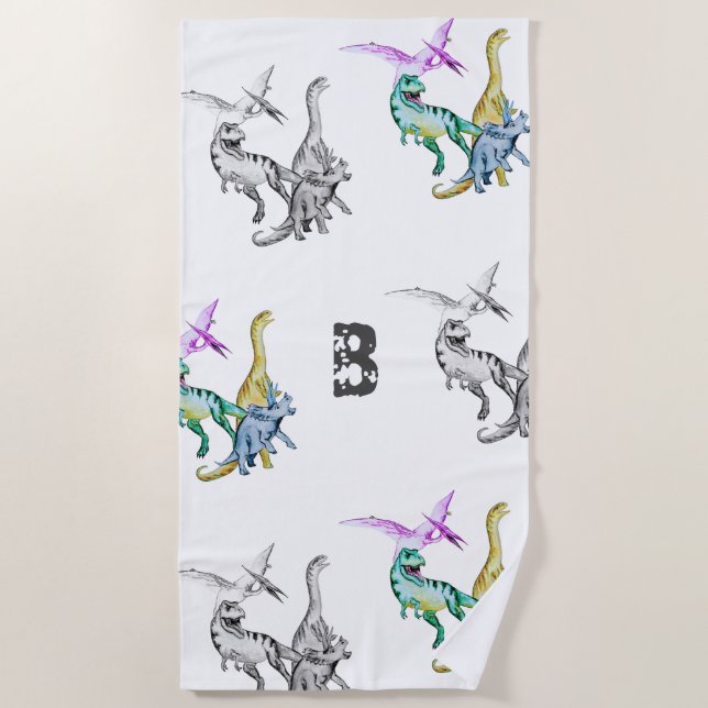 Serviette de plage à monogramme pour enfants dinos (Devant)