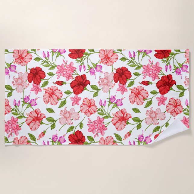 Serviette de plage à motif floral d'hibiscus rose  (Devant)