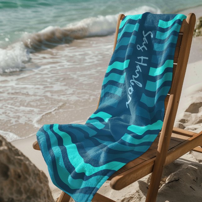 Serviette de plage à rayures bleues personnalisée (Custom Text on Blue Stripped Beach Towel)