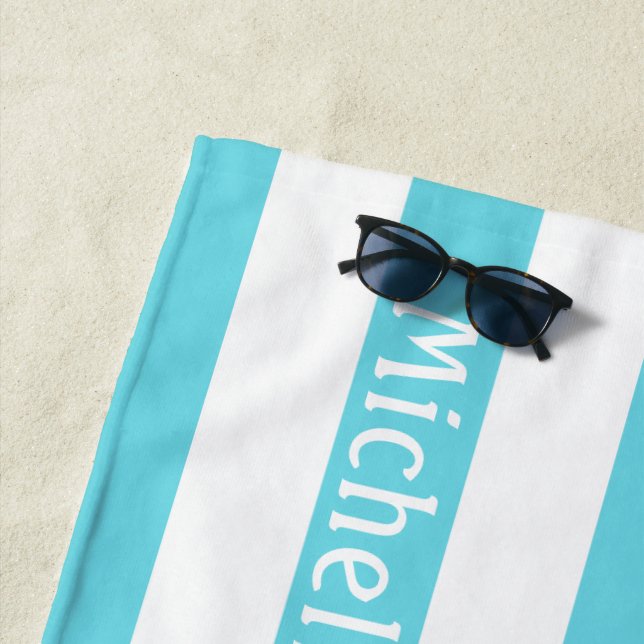 Serviette de plage à rayures cabane turquoise bleu (En situation)