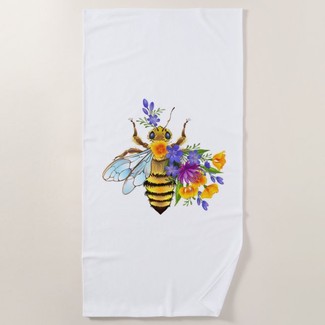 Serviette De Plage Abeille à fleurs avec plantes sauvages (Devant)