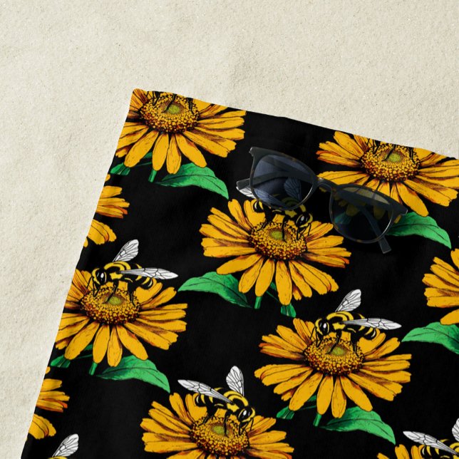 Serviette De Plage Abeille sur Tournesol Fleur Motif Design Noir (Créateur téléchargé)