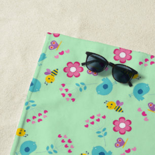 Serviette De Plage Abeilles, oiseaux et fleurs vert motif