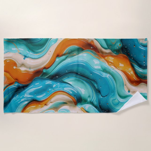 Serviette De Plage Abstract Swirling Teal and Orange Glossy Fluid  (Devant)