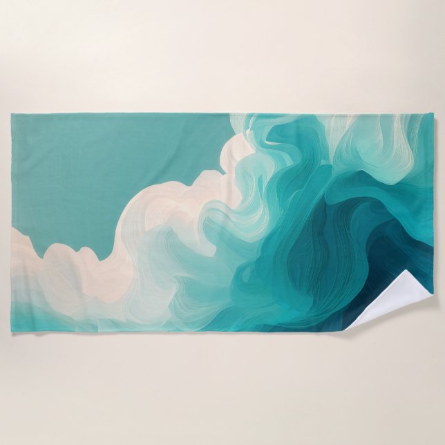 Serviette De Plage Abstract Teal and White Flowing Waves (Devant)