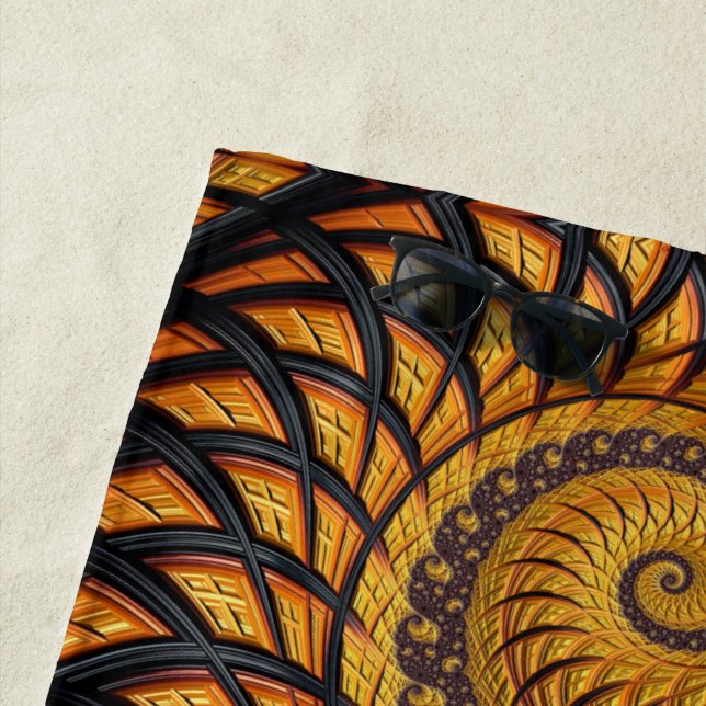 Serviette De Plage Abstrait Black Gold Spiral Fractal (En situation)