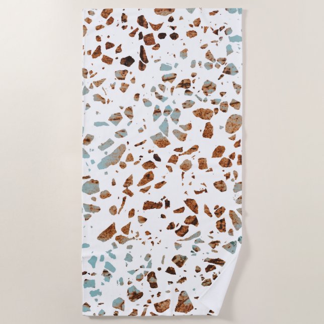 Serviette De Plage Abstrait Terrazzo Mosaic rouille Brown & Motif ble (Devant)