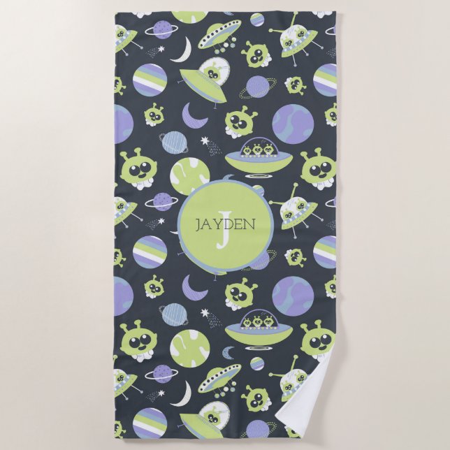 Serviette De Plage Adorable Green Aliens Space Ships UFO Kids (Devant)