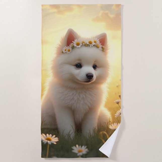 Serviette De Plage Adorable petit chiot Spitz blanc (Devant)