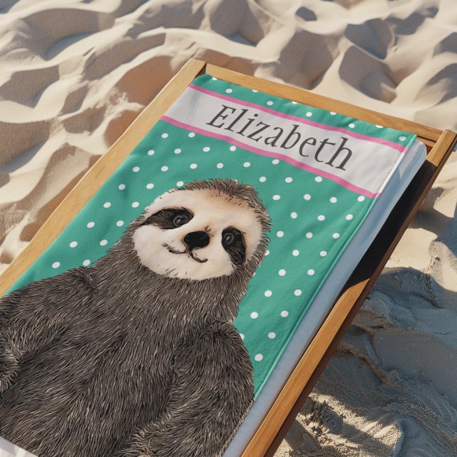 Serviette De Plage Adorable Sloth Nom Turquoise Animal de l'enfant (Cute Sloth Vacation Beach Party Animal Towel)