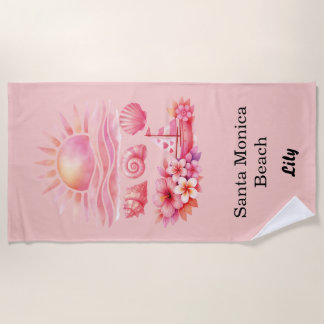 Serviette De Plage Aesthetic Pink Beach Sunset Watercolor