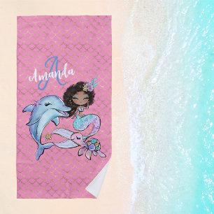 Serviette De Plage African American Mermaid Custom Name Girl