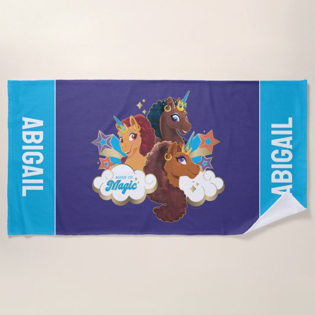 Serviette De Plage Afro Unicorn "Fabriqué en magie" Trio Design (Devant)