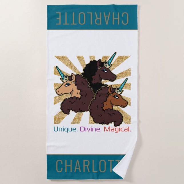 Serviette De Plage Afro Unicorn Trio : Unique, Divine et Magique (Devant)