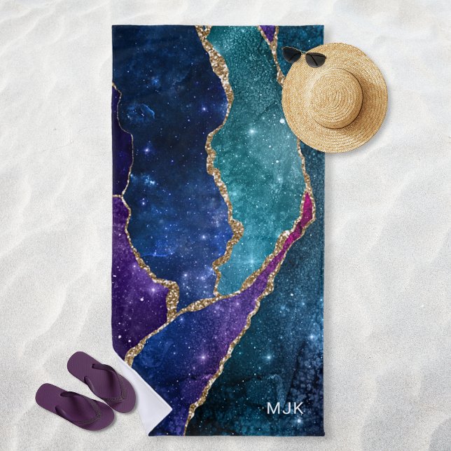 Serviette De Plage Agate Bleu Violet Aqua Veines Or Monogramme (Agate Blue Purple Aqua Gold Veins Monogram Beach Towel)