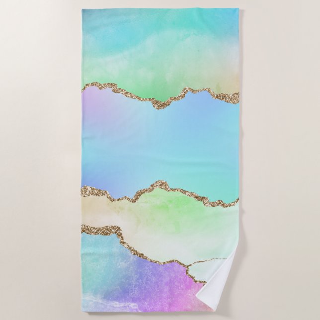 Serviette De Plage Agate Holo | Faux Iridescente Pastel Ombre Marble (Devant)