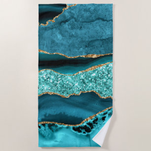 Serviette De Plage Agate Turquoise Blue Gold Parties scintillant Marb