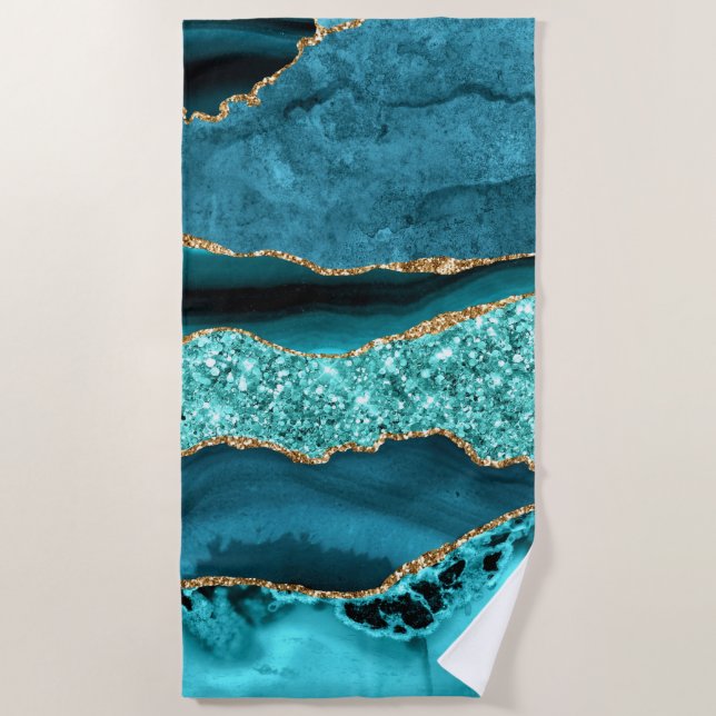 Serviette De Plage Agate Turquoise Blue Gold Parties scintillant Marb (Devant)