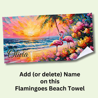 Serviette De Plage Ajouter le nom Beach Sunset Flamants roses Fleurs