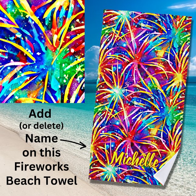 Serviette De Plage Ajouter le nom Feu d'artifice lumineux, peinture a (Créateur téléchargé)
