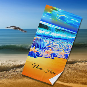 Serviette De Plage Ajouter le nom, Golden Sands Ocean Waves Sea Shell