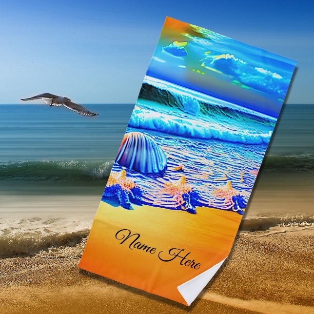 Serviette De Plage Ajouter le nom, Golden Sands Ocean Waves Sea Shell (Créateur téléchargé)