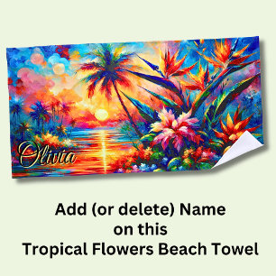 Serviette De Plage Ajouter le nom Pink Orange Tropical Flowers & Palm