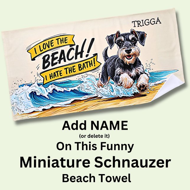 Serviette De Plage Ajouter le nom, Schnauzer miniature Splashing Wave (Créateur téléchargé)