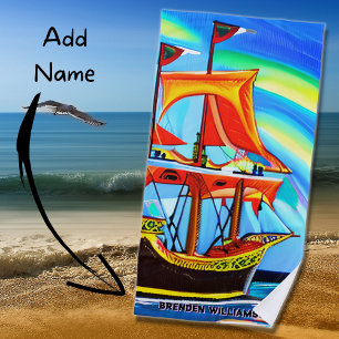 Serviette De Plage Ajouter Nom, Black Gold Pirate Ship Red Orange Sai