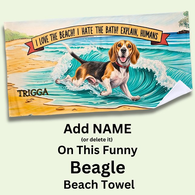 Serviette De Plage Ajouter Nom, Chien Beagle courant dans des vagues (Créateur téléchargé)