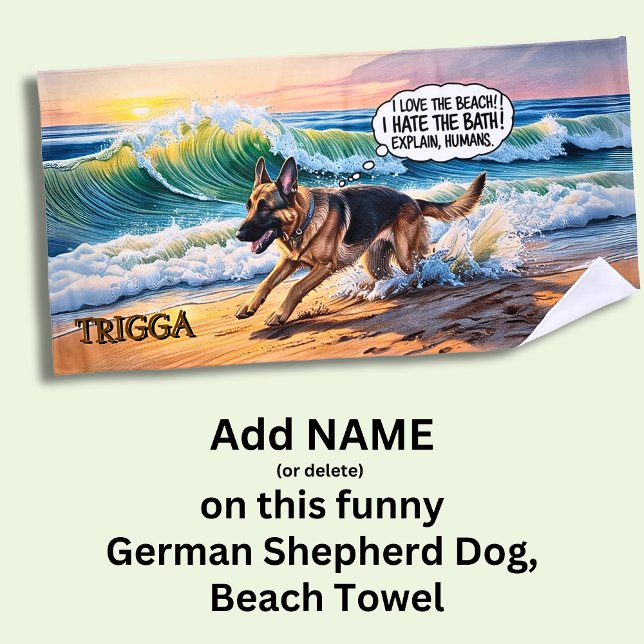 Serviette De Plage Ajouter Nom, Chien berger allemand courant dans de (Créateur téléchargé)