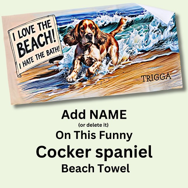 Serviette De Plage Ajouter Nom, Cocker Spaniel Splashing dans Waves D (Créateur téléchargé)