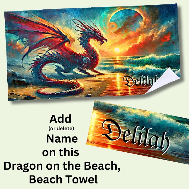 Serviette De Plage Ajouter Nom, Dragon sur la plage au coucher du sol (Créateur téléchargé)