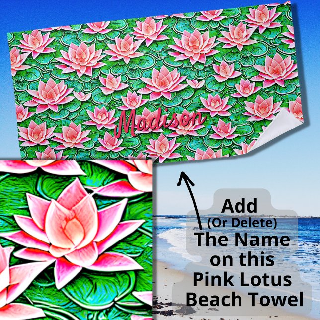 Serviette De Plage Ajouter Nom, Fleurs De Lotus Rose Sur Feuilles Ver (Créateur téléchargé)