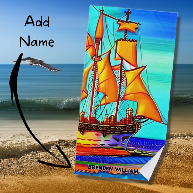 Serviette De Plage Ajouter Nom, Golden Sailing Ship Beach Towel (Créateur téléchargé)