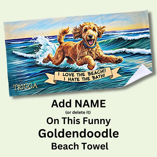 Serviette De Plage Ajouter Nom, Goldendoodle Dog Splashing dans les v (Créateur téléchargé)
