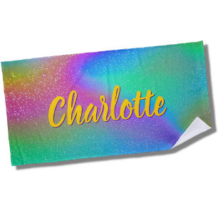 Serviette De Plage Ajouter Nom, Pastel Rainbow Aqua Rose Yellow Swirl