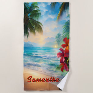 Serviette De Plage Ajouter Nom, Scène de plage avec Fleurs rouges