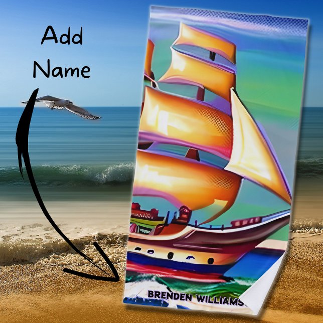 Serviette De Plage Ajouter nom, voilier avec Gold Sails Ocean Sea (Créateur téléchargé)