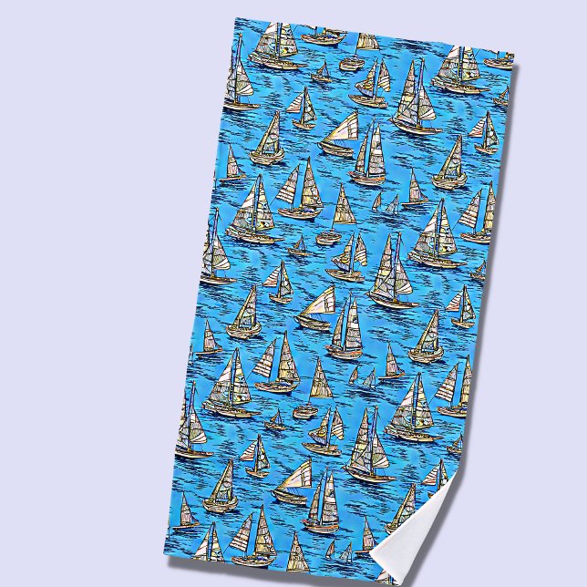 Serviette De Plage Ajouter Nom, Voiliers Abstraits sur Mers Bleues (Créateur téléchargé)