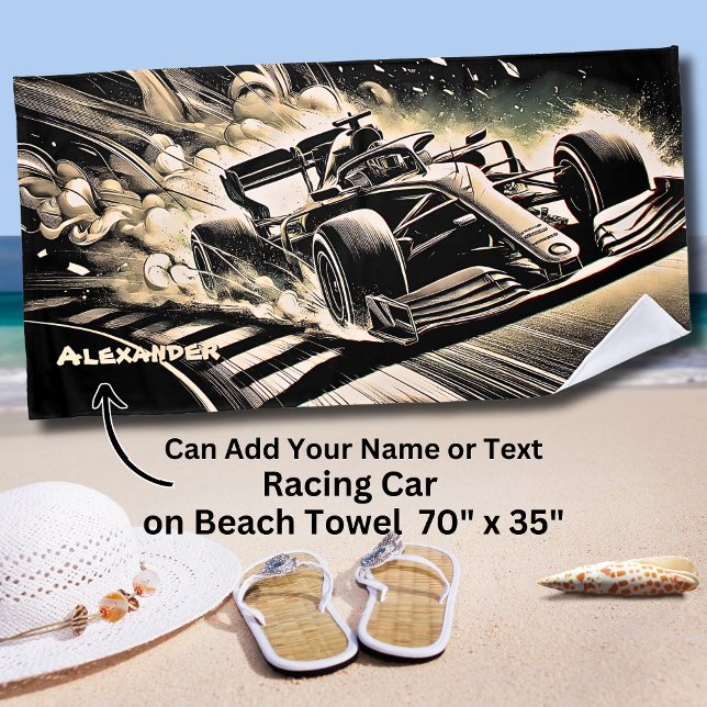 Serviette De Plage Ajouter Nom, Voiture de course lançant de la pouss (Créateur téléchargé)