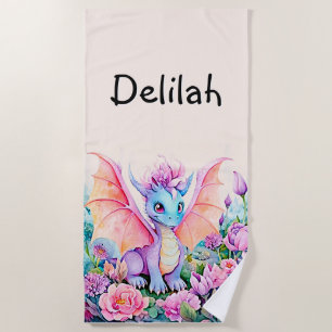 Serviette De Plage Ajouter un nom - Bébé Dragon Ailes & Fleurs
