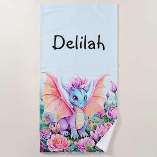 Serviette De Plage Ajouter un nom - Bébé Dragon Ailes & Fleurs sur Bl