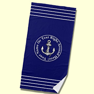 Serviette De Plage Ajouter un nom, Bleu Blanc Ancre Nautique & Stripe