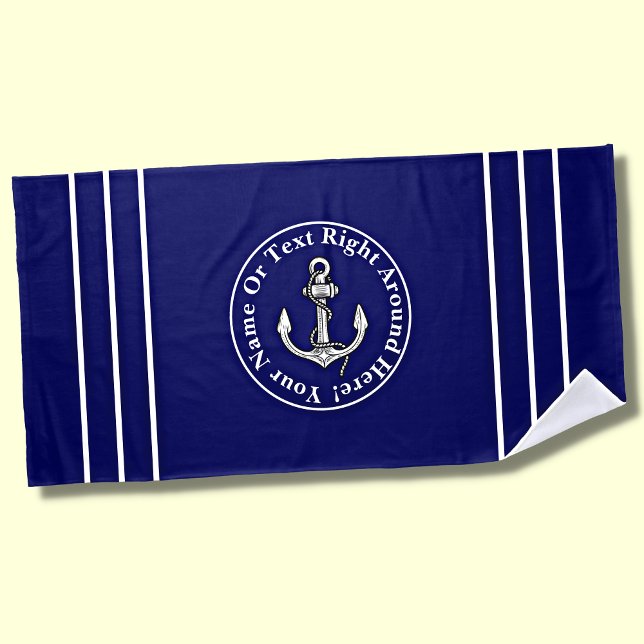 Serviette De Plage Ajouter un nom, Bleu Blanc Ancre Nautique & Stripe (Créateur téléchargé)