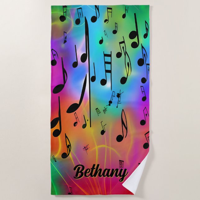 Serviette De Plage Ajouter un nom, Colorful Musical Notes (Devant)