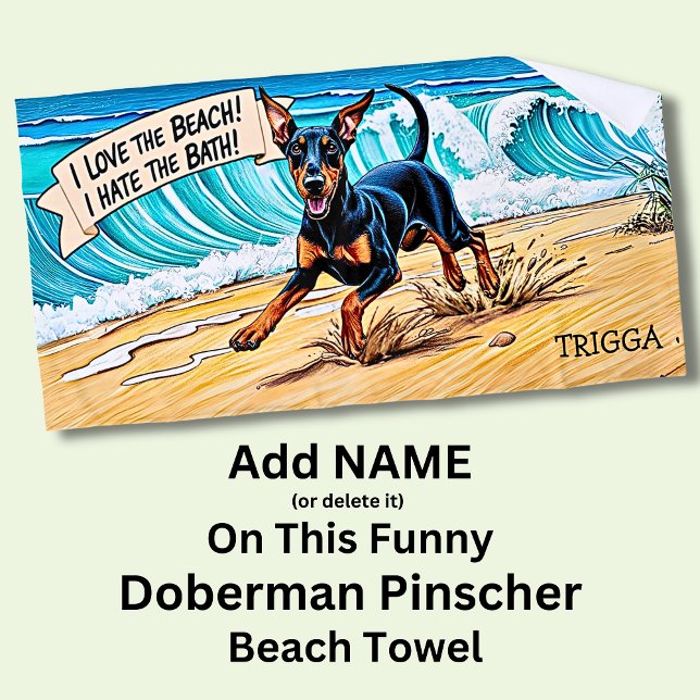 Serviette De Plage Ajouter un nom, Doberman Pinscher Splashing in Wav (Créateur téléchargé)